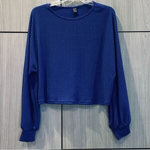 Royal Blue Large Cropped Round Crew Neck Batwing Sleeve Casual Blouse  T-Shirt